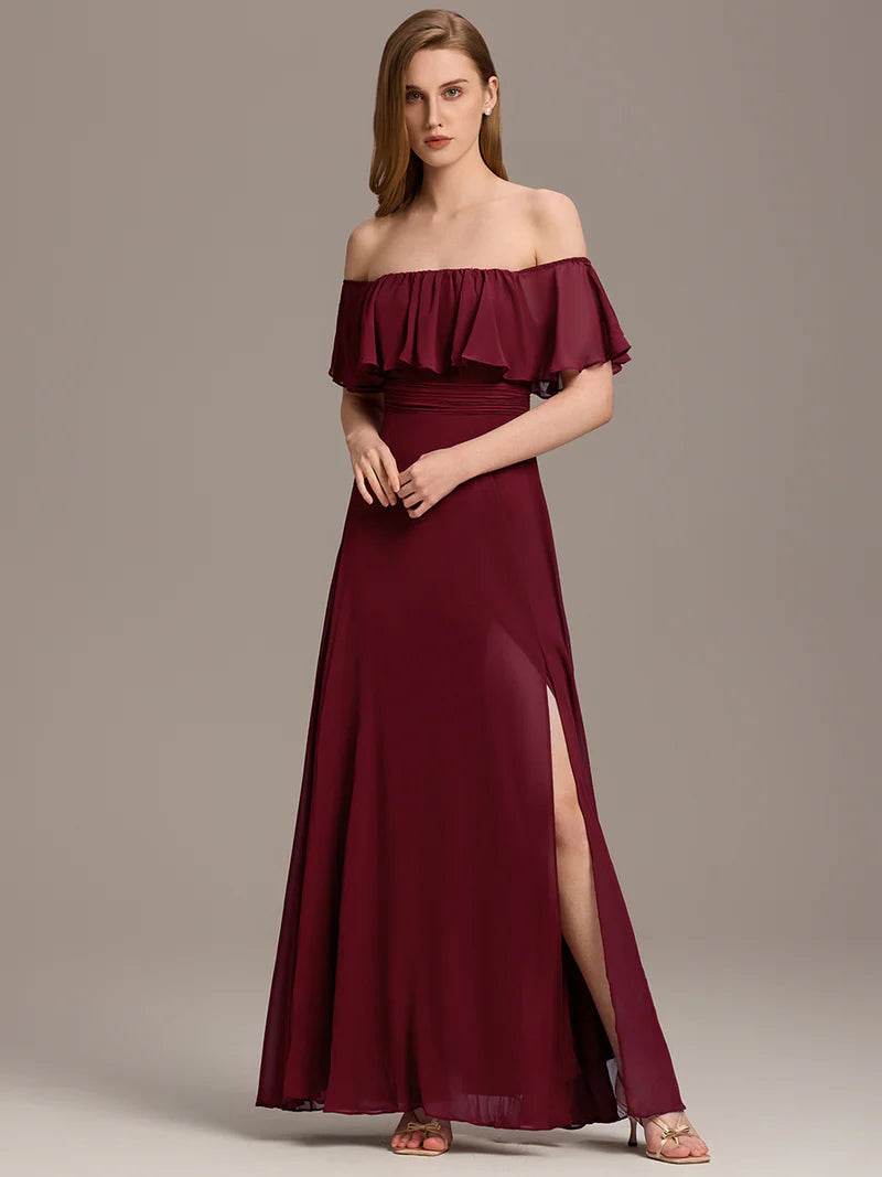 Off-the-Shoulder Bridesmaid Dress – Ruffled with Thigh Split - Biamonde